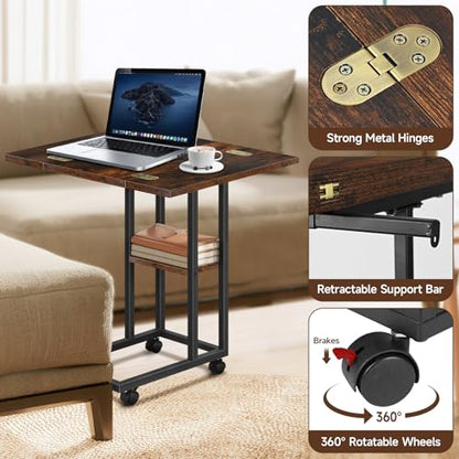 Foldable Small Side Table - C Shaped Couch End Table with Storage Shelf and Wheels, Expandable Wooden Snack Tray Table for Living Room Bedroom Sofa Bedside Chair Small Spaces Rustic Brown
