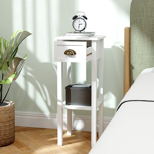 HOMCOM Narrow End Table with Drawer and Bottom Shelf, Slim Side Table for Small Spaces, Skinny Modern Accent Desk for Living Room, Set of 2, White - color: White