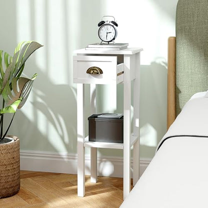 HOMCOM Narrow End Table with Drawer and Bottom Shelf, Slim Side Table for Small Spaces, Skinny Modern Accent Desk for Living Room, Set of 2, White - color: White