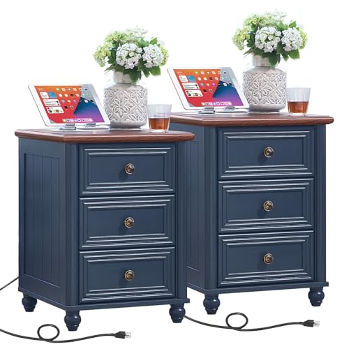 RWYHG 18" Nightstands Set of 2 with Charging Station & 3 Drawers | Farmhouse Modern Night Stand, Blue Bedside Table, Metal Handle, Blue Bed Side End Tables for Bedroom Living Room - color: Navy Blue, size: 18"D x 18"W x 24"H (3 Drawers)