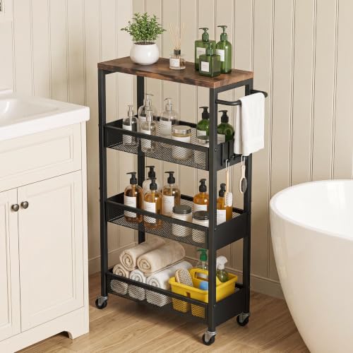 Vincona 7.1" Wide Slim Rolling Utility Cart, 4 Tier Metal Narrow Storage Cart with Handle and Wood Top, Multifunctional Small Mobile Shelf Unit Organizer Trolley for Laundry, Bathroom, Kitchen - color: Black, size: 7.1" wide