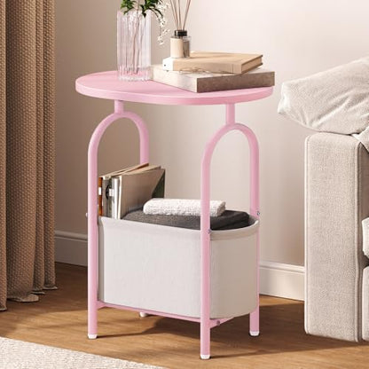 RALGEND Small Round Side Table with Fabric Basket Storage, Oval End Table for Small Spaces, Modern Coffee Bedside Table, Couch Side Table for Living Room, 15.7" X 11.8" X 24", Pink and White 8601BZPK - color: Pink