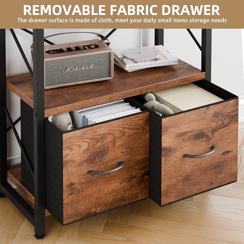 Vongrasig 5 Tier Bookshelf with 2 Drawers, Industrial Tall Bookcase, Modern Display Bookshelves Wood and Metal Shelf, Free Standing Storage Organizer for Office, Living Room, Brown - color: Brown With Drawers