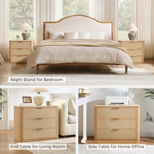 Night Stand, 30.71" W Rattan Nightstand with 3 Drawers, Faux Marble Top Bedside Table, Boho Mid Century End Table for Bedroom Living Room Sofa Office, Natural Oak [FSC Certified] - color: Natural Oak, size: 15.63"D x 30.71"W x 23.94"H（3 Drawer）