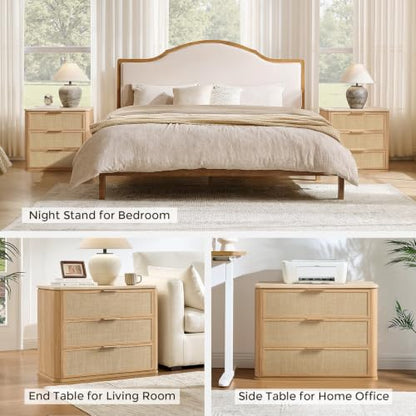 Night Stand, 30.71" W Rattan Nightstand with 3 Drawers, Faux Marble Top Bedside Table, Boho Mid Century End Table for Bedroom Living Room Sofa Office, Natural Oak [FSC Certified] - color: Natural Oak, size: 15.63"D x 30.71"W x 23.94"H（3 Drawer）