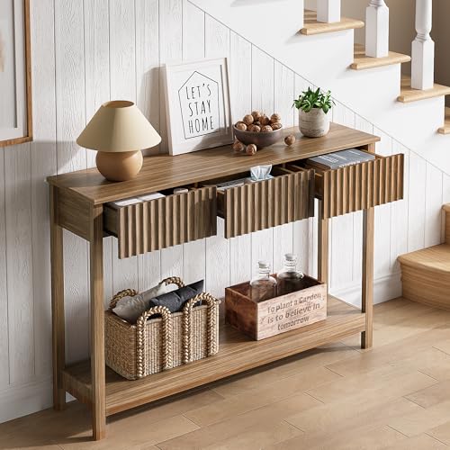 Treocho 47" Fluted Console Table with 3 Drawers and Storage Shelf | Narrow Long Entryway Table,Behind Couch Accent Tables, Entrance Foyer, Hallway, Living Room, Brown - color: Brown