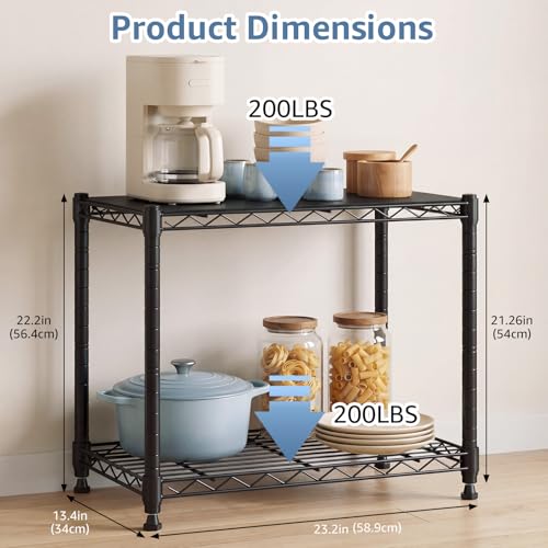 DUMOS 2-Tier Metal Wire Storage Shelves, Adjustable Standing Storage Rack Shelf, Heavy Duty Steel Shelving Unit Organizers for Kitchen Bathroom Pantry Garage, 23.1" Wx13.1 Dx22.2 H, Black - size: 2 Tiered-22.1"H without wheels