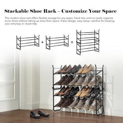 SunnyPoint Expandable & Stackable 2-Tier Shoe Rack – Adjustable Shoe Organizer for Entryway, Closet or Bedroom, Holds 4 to 8 Pairs, Space-Saving Metal Shoe Storage Shelf (17.5"–31.49" W) (BLK, 2 Tier)