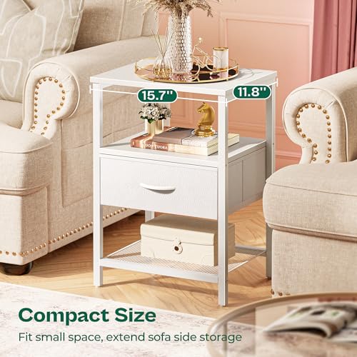 Huuger Nightstand Set of 2, Night Stand with Fabric Drawer, Mesh Shelf, Side Table with Storage, Fabric Drawer Dresser, Open Shelf, Metal Frame, Bedroom, White - color: White
