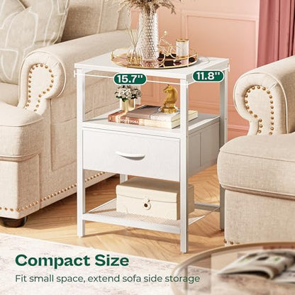 Huuger Nightstand Set of 2, Night Stand with Fabric Drawer, Mesh Shelf, Side Table with Storage, Fabric Drawer Dresser, Open Shelf, Metal Frame, Bedroom, White - color: White