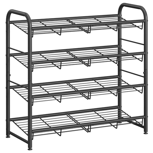 SONGMICS Stackable Shoe Rack, 4 Tier Metal Shoes Rack Storage Shelf, Holds up to 16 Pairs Shoes, Adjustable Slanted Shelves Shoe Tower Organizer for Closet Entryway Small Spaces, Black - color: Black, size: 4 Tiers (27"W)
