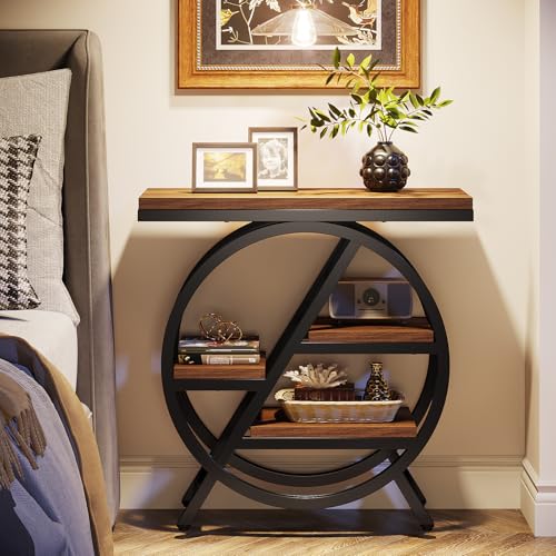 Tribesigns End Table for Living Room, 3-Tier Narrow Side Table with Storage, Wood Sofa Side Table with Geometric Metal Frame, Industrial Nightstand and Bedside Table for Bedroom, Light Brown - color: Light Brown