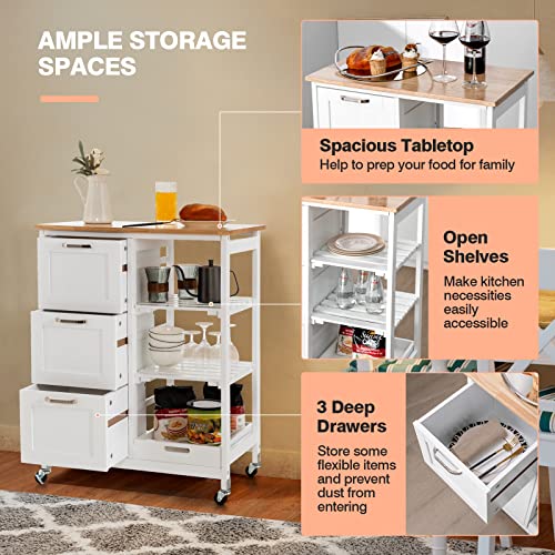Giantex Kitchen Island Cart on Wheels with Storage, Bar Serving Cart with 3 Deep Drawers, Open Shelves & Removable Tray, Rolling Kitchen Trolley Cart for Home Kitchen, Dining Room, Bar, White - color: White