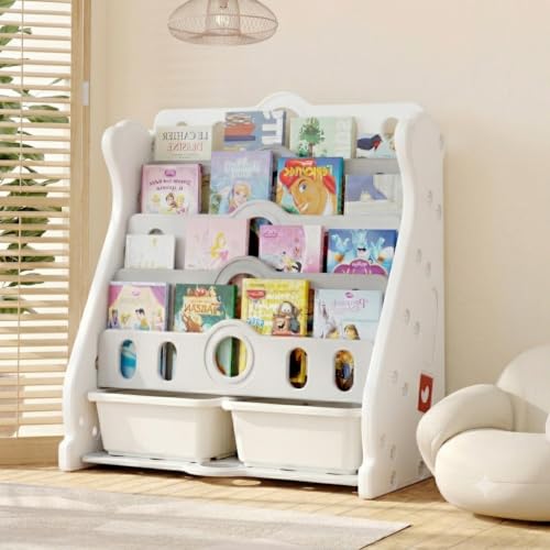 5 Tier Kids Bookshelf and Toy Storage Plastic Montessori Bookcase | Baby Corner Storage Organizer,HDPE Nursery Shelf Grey,Toddler Reading Nook,Bedroom,Round Edge,Front Facing,Standalone,Sturdy - color: Grey
