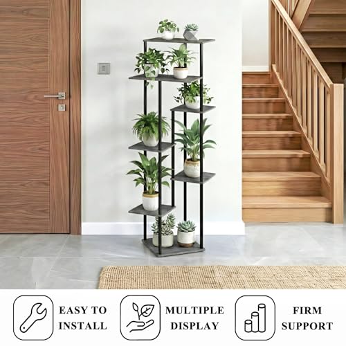 52.4” Tall 7-Tier Multiple Plant Stand Indoor, Oak Grey | Functions as Corner Flower Pots, Shelf, Decor Rack, Holder; Metal Frame with MDF Boards; for Living Room, Balcony