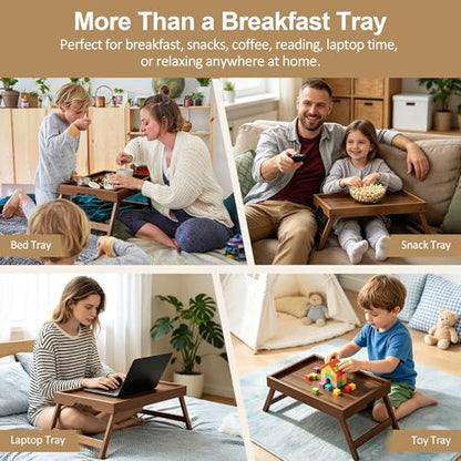Breakfast Tray with Folding Legs Set of 2, Bamboo Bed Tray Table 15.7" Foldable TV Dinner Tray with Ergonomic Wave Handles for Bed Couch Sofa, Breakfast, Snacks, Coffee, Walnut - color: Walnut, size: Medium