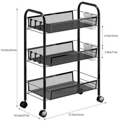 Fruit Vegetable Basket Storage Cart 5 Tier Stackable Metal Mesh Basket with 360 Degree Wheels 41 Inch High Kitchen Storage Snack Cart Pantry Bathroom Cart (Black 3-Layers) - color: Black 3-layers