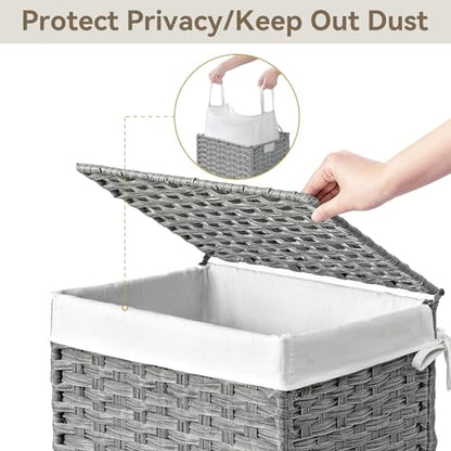 Chrislley 90L Slim Laundry Hamper with Wheels, Rolling Laundry Basket with Lid and Renovable Liner Bag, Handwoven Rattan Organizer for bedroom, bathroom, laundry room (Grey) - color: Grey