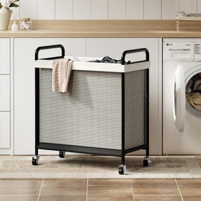 WOWLIVE Laundry Hamper 2 Section, 100L Rolling Laundry Basket with wheels and Removable Liner Bag, Double Laundry Sorter with Metal Handle, Clothes Hamper for Laundry Room, Bathroom and Dorm, Beige - size: 2-Section