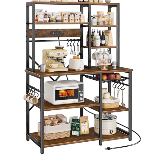 SUPERJARE Large Bakers Rack with Power Outlets, 6-Tier Microwave Stand, Coffee Bar with 12 S-Shaped Hooks, Kitchen Shelf with Wire Basket, 39.4 x 14.6 x 66.9 Inches, Rustic Brown - color: Rustic Brown, size: 39.4inch