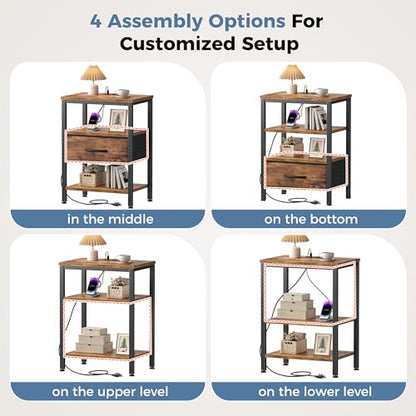 DUMOS Nightstand with Charging Station, Bedside Table with 1 USB-A, 1 USB-C & 2 AC Outlets, Fabric Drawer with Adjustable Open Shelf, Compact End Table for Bedroom, Rustic Brown - color: Rustic Brown, size: 15.7"Dx11.8"Wx23.4"H(1 Drawer, 1 Pack)