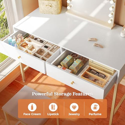 SUPERJARE 31.5" White and Gold Desk with 2 Drawers, Modern Makeup Vanity | Vanity with Padded Stool, Small Computer Desk Home Office Desk for Writing Study Bedroom - color: Gold and White, size: 31.5 inch