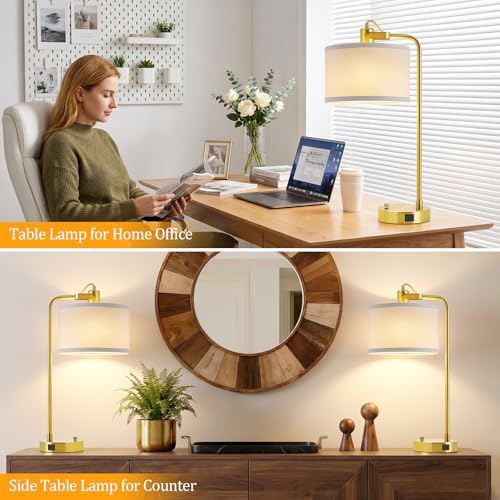 24‘’ Gold Table Lamp Set of 2 with USB A and C Ports, 180° Adjustable Stepless Dimming Bedside Lamps for Night Stands, E26 Bare Bulb Compatible, Industrial Nightstand Lamp, 9W LED Bulb Included - color: Gold-A