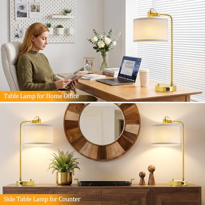 24‘’ Gold Table Lamp Set of 2 with USB A and C Ports, 180° Adjustable Stepless Dimming Bedside Lamps for Night Stands, E26 Bare Bulb Compatible, Industrial Nightstand Lamp, 9W LED Bulb Included - color: Gold-A