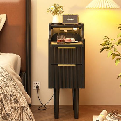 Fluted Narrow Nightstand with Charging Station, Solid Wood Night Stand with 2 Drawers, Black Mid Century Modern Led Nightstand, Small Beside Table with Open Storage Shelf for Bedroom （10 inch） - color: Black