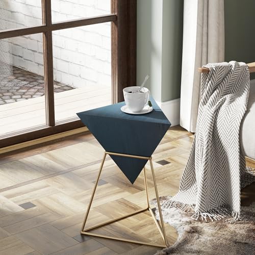 COZAYH Modern Geometric End Table with Wooden Top and Golden Metal Base, Unique Pyramid Side Table Plant Stand for Office, Living Room, Bedroom, Fully Assembled, Triangle, Blue - color: Blue