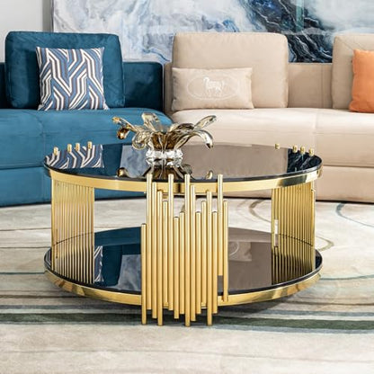 Black Glass Coffee Table, 2-Tier Round Tempered Glass with Gold Stainless Steel Frame, Modern Luxury Coffee Table for Living Room, Office, or Café - color: Coffee Table