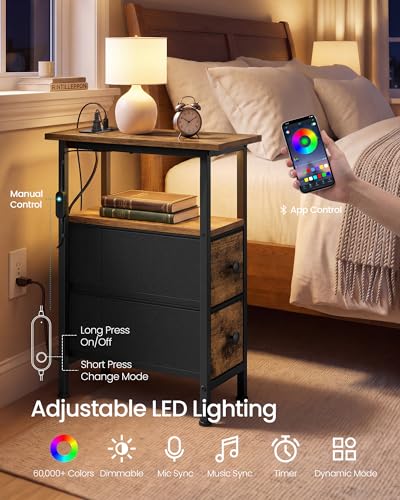 SONGMICS Side Table, Nightstand with Charging Station, End Table with LED Lighting, 2 Drawers, for Living Room, Bedroom, BELLAH Collection - color: Rustic Brown, size: 1 Pack (8.5"D x 18.1"W x 23.8"H)
