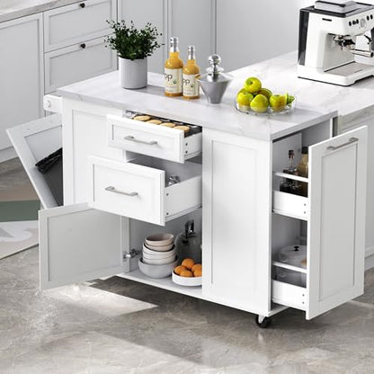 Kitchen Island with Trash Can Storage Cabinet and Faux Marble Top | White, 50.7" Rolling Kitchen Cart on Wheels with Drop Leaf, Spice Rack, Towel Rack and Adjustable Shelf for Dining Room - color: White