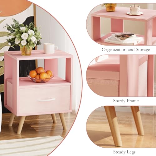 Huhote Kids Nightstand, 2-Tier Night Stand with Drawer, Modern Side Table for Bedroom, Study Room Small Spaces, Pink - color: Pink, size: 2-Tier with Drawer