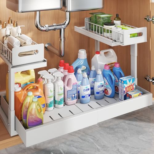 1 Pack-16"-26"W Expandable Under Sink Organizer With Upgrade Ball-Bearing Slide,2-Tier Pull Out Under Cabinet Organizer Height Adjustable,Not Suitable For Cabinets With Partitions In The Middle - color: White, size: 1 Pack-16"-26"W