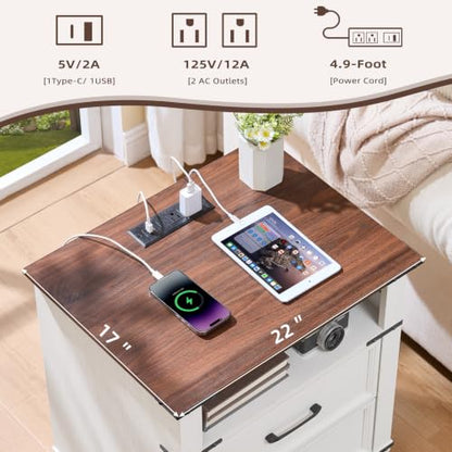 22" Farmhouse Nightstand Set of 2 with Charging Station,End Table with 2 Drawers,Rustic Wood Dresser for Bedroom,Bed Side Table Chest of Drawers Cabinet,Night Stand for Living Room,White - color: White