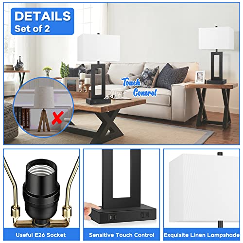 Set of 2 Modern Touch Control Table Lamps with 2 USB Ports, 22’’ Large Bedside Nightstand Lamps 3-Way Dimmable Desk Lamp With White Fabric Shade For Bedrooms Living Room Reading, 2 LED Bulbs Included | 3 Way Dimmable, White Fabric Shade, E26 Base, Desk La