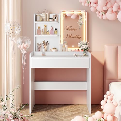 Memobarco Small Vanity Desk with Mirror and Lights, Makeup Vanity with Drawer & Storage Shelves, Vanity Desk with 3 Lighting Modes & Adjustable Brightness, Dressing Table for Women Girls Bedroom,White - color: White