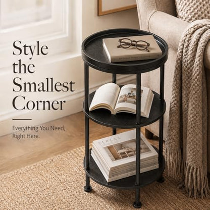 Small Round Side Table with Tray Top, 11.8" Narrow End Table, Black | 3-Tier Small Round End Table for Living Room & Bedroom, Modern Nightstand with Storage Shelf, Accent Table for Small Spaces - color: Black, style: Classic