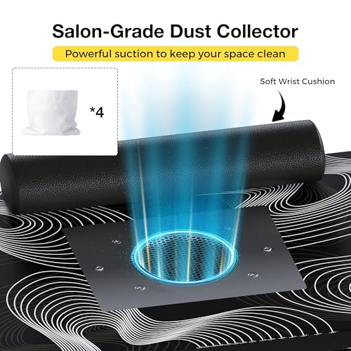 Portable Foldable Manicure Table with Dust Collector, Rolling Nail Tech Desk with LED Lamp, Wrist Rest, Lockable Wheels & Carrying Case for Home Salon, Travel & Mobile Nail Techs (Black White Wave) - color: Black White Wave