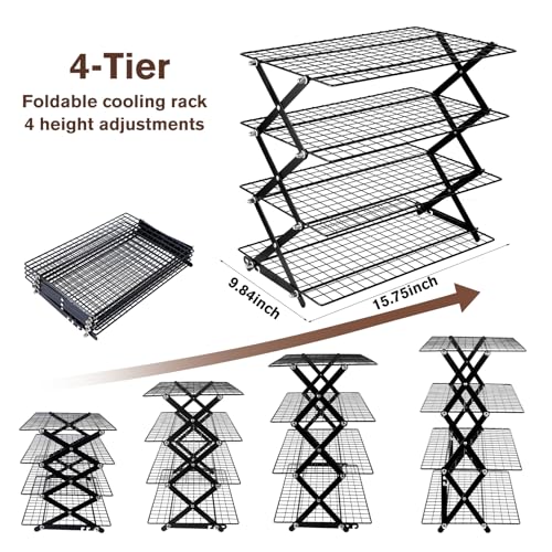 4 Tier Collapsible Cooling Rack, Adjustable Stackable Stainless Steel Baking Rack with Leak-Proof Mesh & X-Shaped Structure, Dishwasher Safe for Cookies, Bread, Pastries