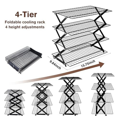 4 Tier Collapsible Cooling Rack, Adjustable Stackable Stainless Steel Baking Rack with Leak-Proof Mesh & X-Shaped Structure, Dishwasher Safe for Cookies, Bread, Pastries