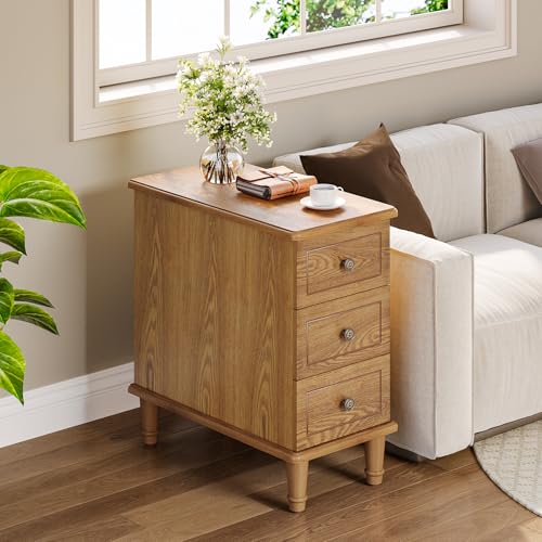 LITTLE TREE Fully Assembled End Table, Narrow Bedside Table with 3 Drawers, Vintage Nightstand for Small Spaces, Living Room, Bedroom, Natural Color - color: Natural