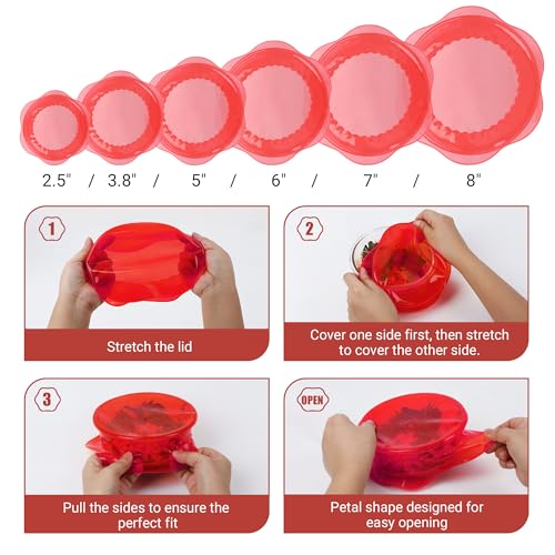 Silicone Stretch Lids for Food Storage in Fridge, Reusable Elastic Bowl Covers for Cup, Cans, Jars, Round & Rectangle Container, Food Grade Silicone Microwave Food Cover, Red, 6PCS - color: 6 Pcs Red
