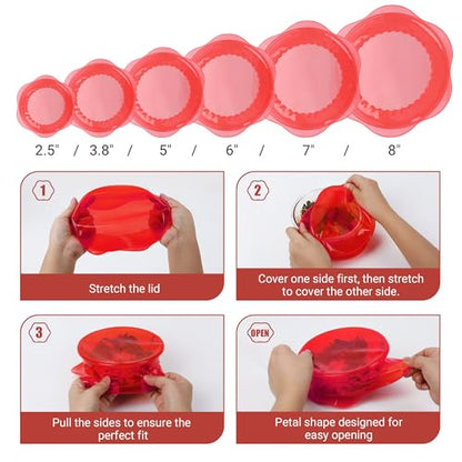 Silicone Stretch Lids for Food Storage in Fridge, Reusable Elastic Bowl Covers for Cup, Cans, Jars, Round & Rectangle Container, Food Grade Silicone Microwave Food Cover, Red, 6PCS - color: 6 Pcs Red