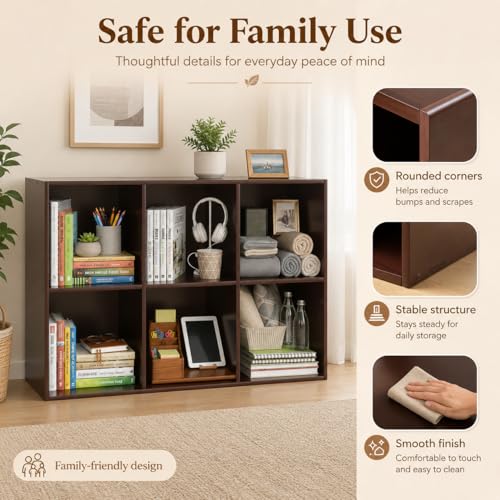 6-Cube Bookcase, 2-Tier Solid Wood Storage Organizer Brown 35.4in | Open Bookcase for Bedroom, Study, Bookstore & Office