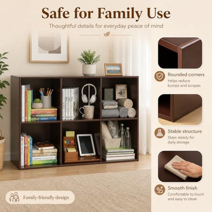 6-Cube Bookcase, 2-Tier Solid Wood Storage Organizer Brown 35.4in | Open Bookcase for Bedroom, Study, Bookstore & Office