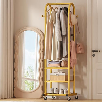 Dttwacoyh Clothing Rack with Wheels,Narrow Metal Garment Rack,Gold | Easy to install, 71.8 Inches Display Rack with 4 Side Hooks & 3 Shelves,for Small Flats, Bedroom, Entryway,Gold Clothes Rack - color: Gold