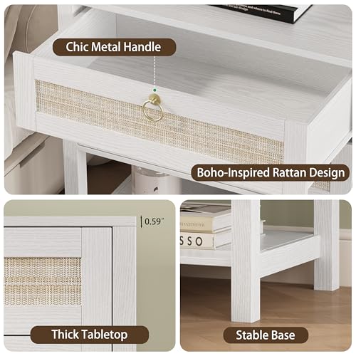 Xixini Rattan Nightstand with 2 Drawers and Open Shelf, 27" Wide Boho Bedside Table with Brass Knobs, Mid-Century Modern Wooden End Table for Bedroom, White - color: White