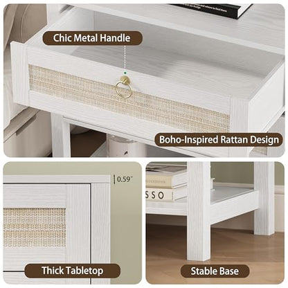 Xixini Rattan Nightstand with 2 Drawers and Open Shelf, 27" Wide Boho Bedside Table with Brass Knobs, Mid-Century Modern Wooden End Table for Bedroom, White - color: White